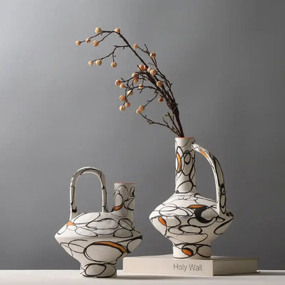 Geometric graffiti ceramic vase white & terracotta living room decor