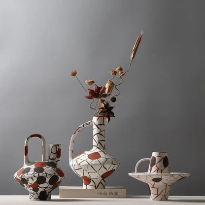 Geometric graffiti ceramic vase white & terracotta living room decor