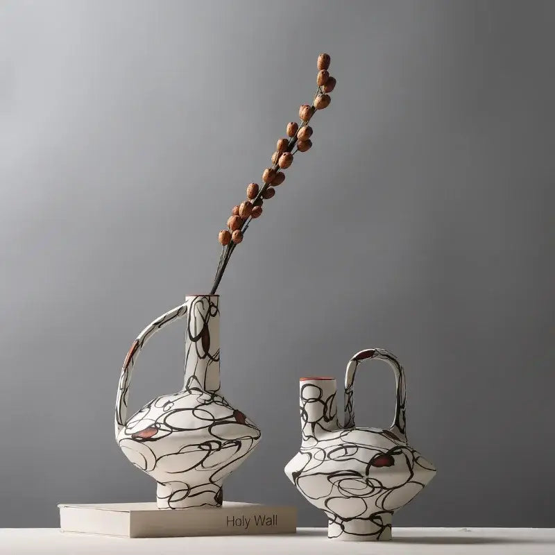 Geometric graffiti ceramic vase white & terracotta living room decor