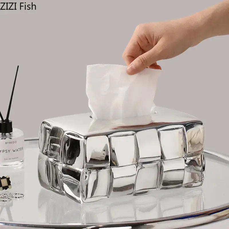 Geometric grain silver check ceramic tissue box desktop organizer bedroom