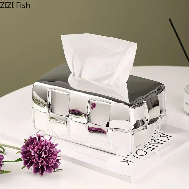 Geometric grain silver check ceramic tissue box desktop organizer bedroom