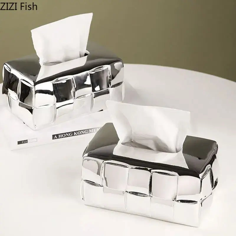 Geometric grain silver check ceramic tissue box desktop organizer bedroom