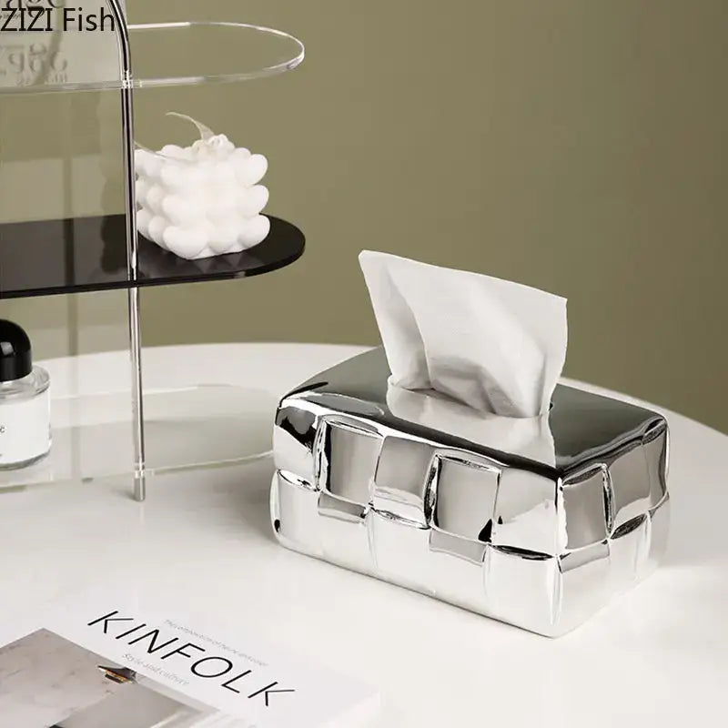 Geometric grain silver check ceramic tissue box desktop organizer bedroom
