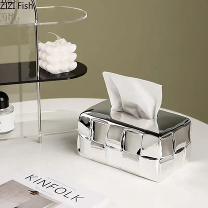 Geometric grain silver check ceramic tissue box desktop organizer bedroom