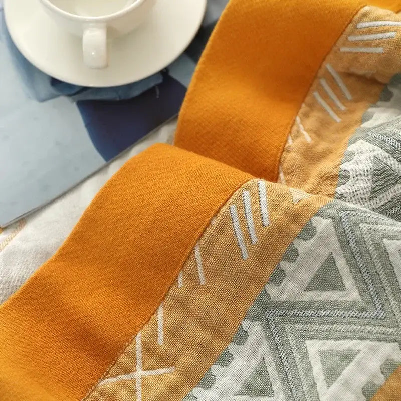 Geometric gray & mustard cotton gauze geometry summer blanket bedroom