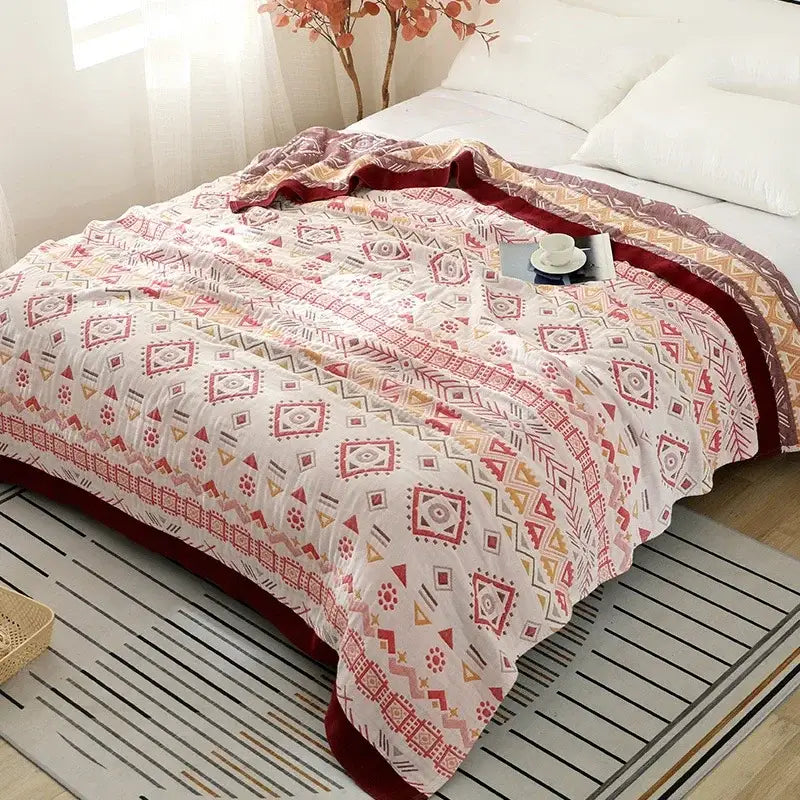 Geometric gray & mustard cotton gauze geometry summer blanket bedroom