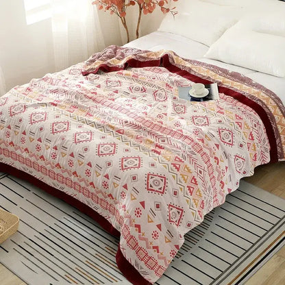 Geometric gray & mustard cotton gauze geometry summer blanket bedroom