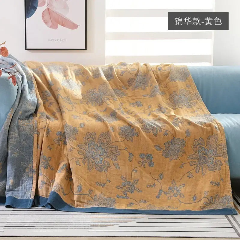 Geometric gray & mustard cotton gauze geometry summer blanket bedroom