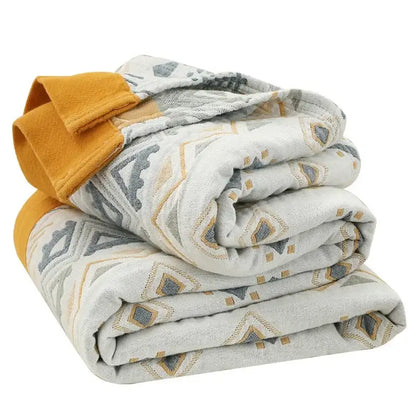Geometric gray & mustard cotton gauze geometry summer blanket bedroom
