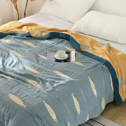 Geometric gray & mustard cotton gauze geometry summer blanket bedroom