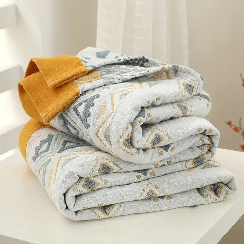 Geometric gray & mustard cotton gauze geometry summer blanket bedroom