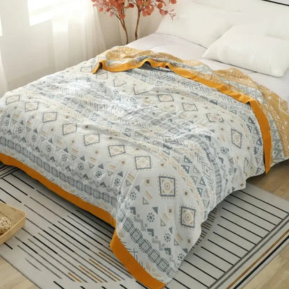 Geometric gray & mustard cotton gauze geometry summer blanket bedroom