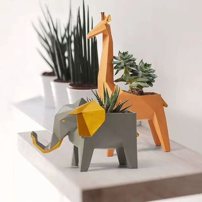 Geometric gray & orange giraffe 3d papercraft planter living room decor