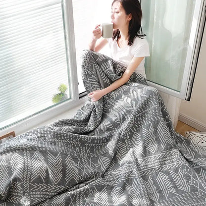 Geometric gray & white cotton gauze throw blanket bedroom bedspread