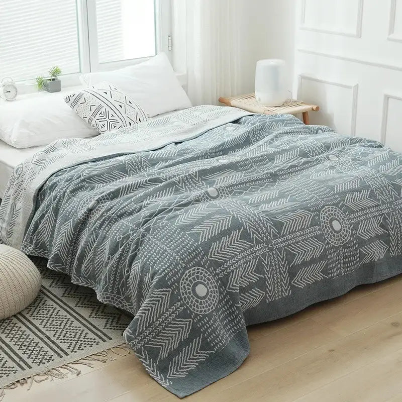 Geometric gray & white cotton gauze throw blanket bedroom bedspread