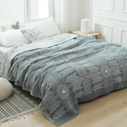 Geometric gray & white cotton gauze throw blanket bedroom bedspread