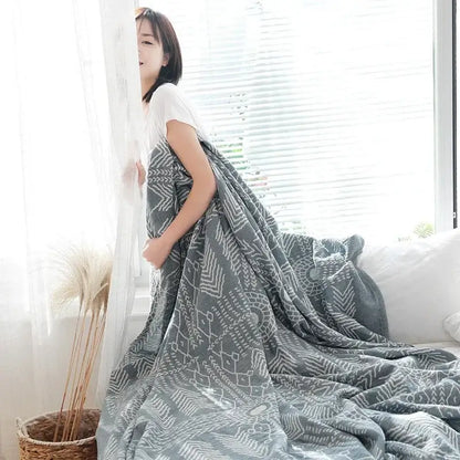 Geometric gray & white cotton gauze throw blanket bedroom bedspread