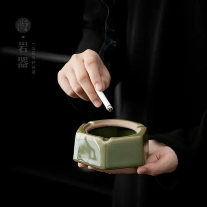 Geometric green ceramic ashtray with lid – office desk decor