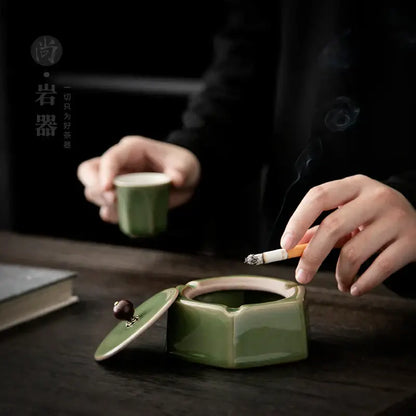 Geometric green ceramic ashtray with lid – office desk decor