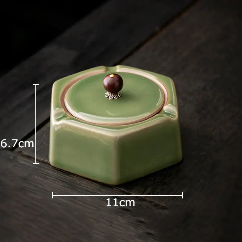 Geometric green ceramic ashtray with lid – office desk decor
