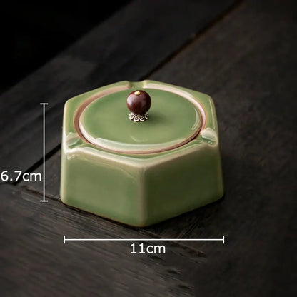 Geometric green ceramic ashtray with lid – office desk decor