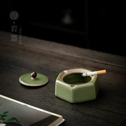 Geometric green ceramic ashtray with lid – office desk decor