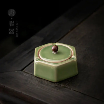 Geometric green ceramic ashtray with lid – office desk decor