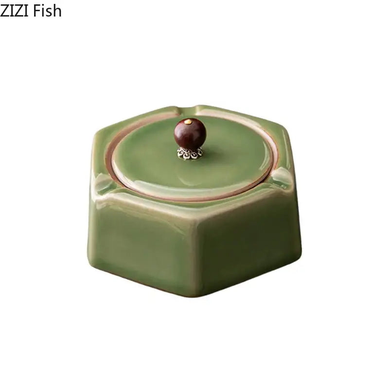 Geometric green ceramic ashtray with lid – office desk decor