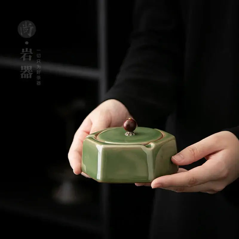 Geometric green ceramic ashtray with lid – office desk decor
