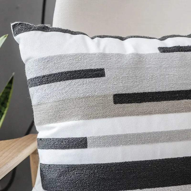 Geometric grey embroidered cotton pillow cover living room decor