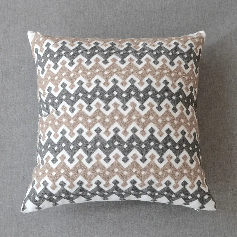 Geometric grey embroidered cotton pillow cover living room decor