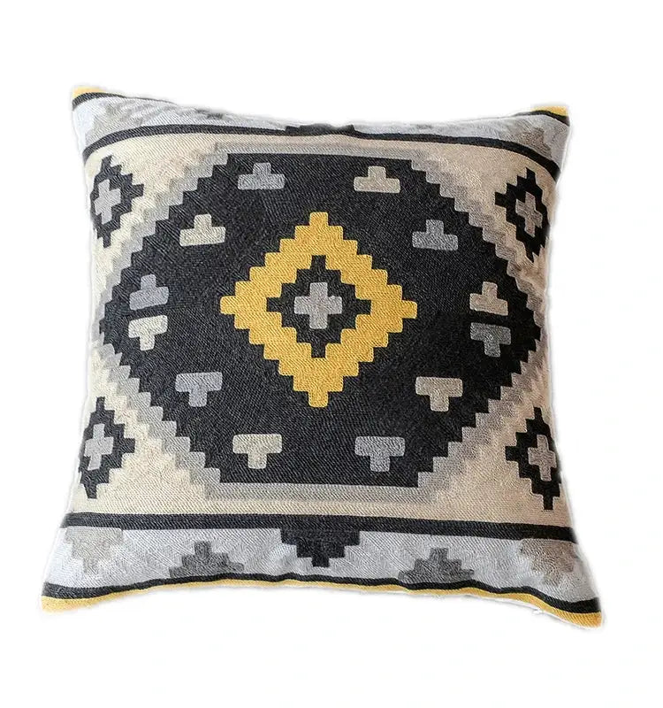 Geometric grey embroidered cotton pillow cover living room decor