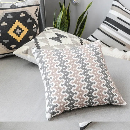 Geometric grey embroidered cotton pillow cover living room decor
