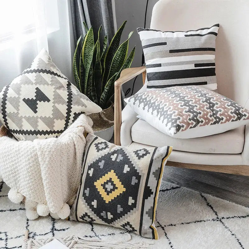 Geometric grey embroidered cotton pillow cover living room decor