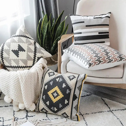 Geometric grey embroidered cotton pillow cover living room decor
