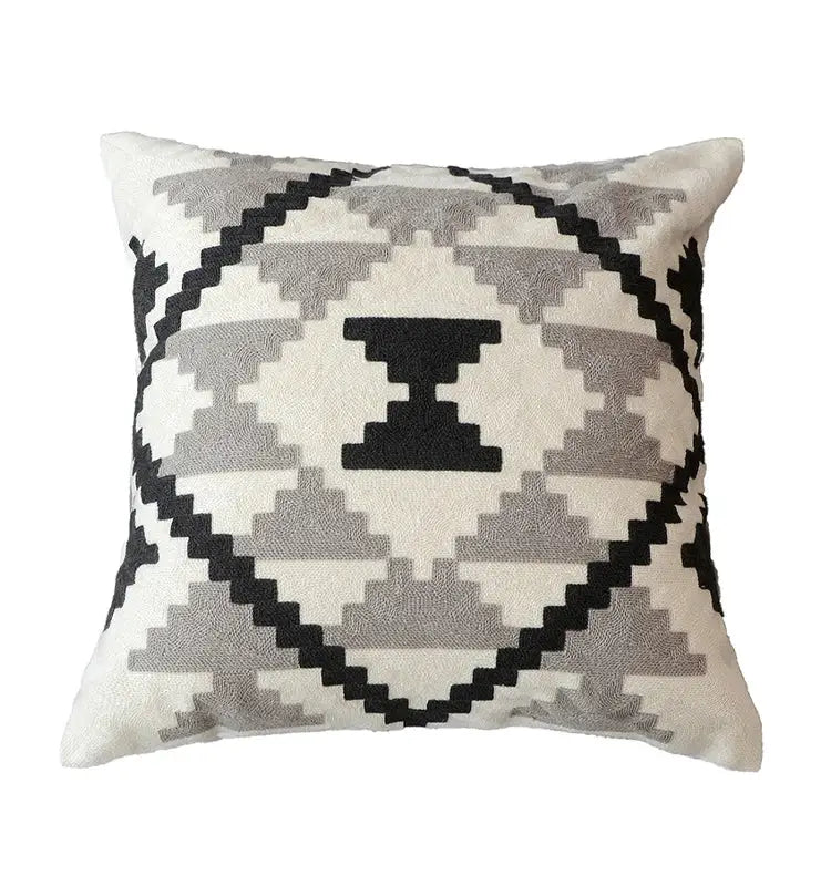 Geometric grey embroidered cotton pillow cover living room decor