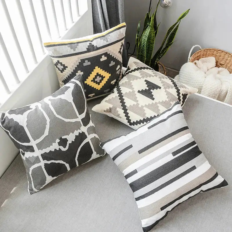 Geometric grey embroidered cotton pillow cover living room decor