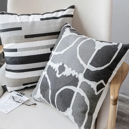 Geometric grey embroidered cotton pillow cover living room decor