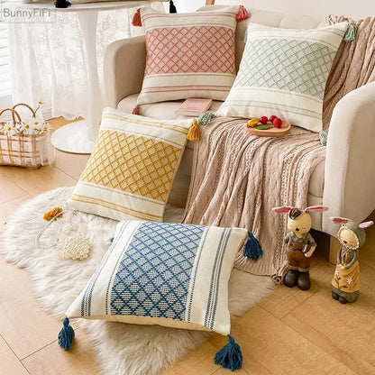 Geometric jacquard tassel cushion cover living room blue diamond decor