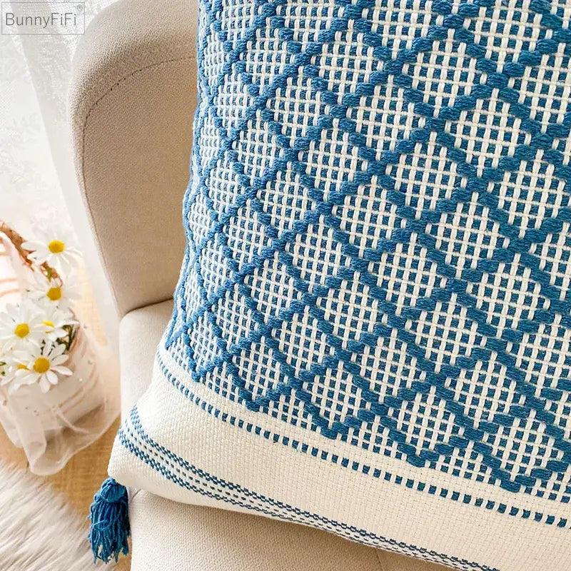 Geometric jacquard tassel cushion cover living room blue diamond decor