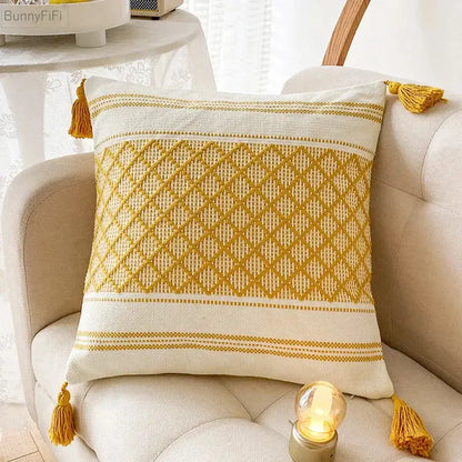 Geometric jacquard tassel cushion cover living room blue diamond decor