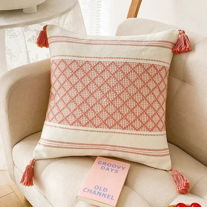 Geometric jacquard tassel cushion cover living room blue diamond decor