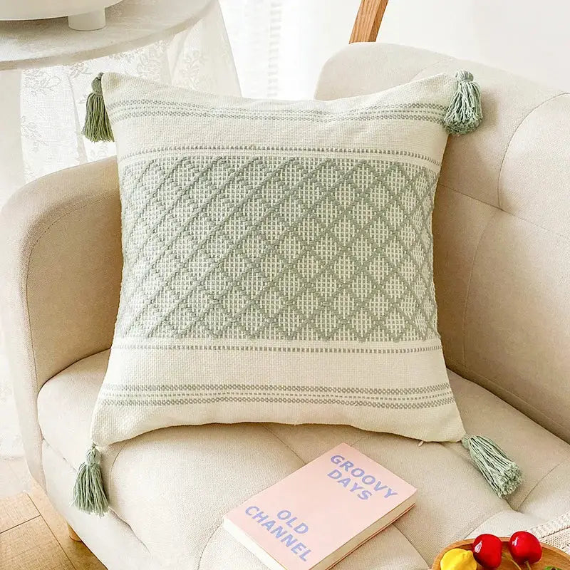 Geometric jacquard tassel cushion cover living room blue diamond decor