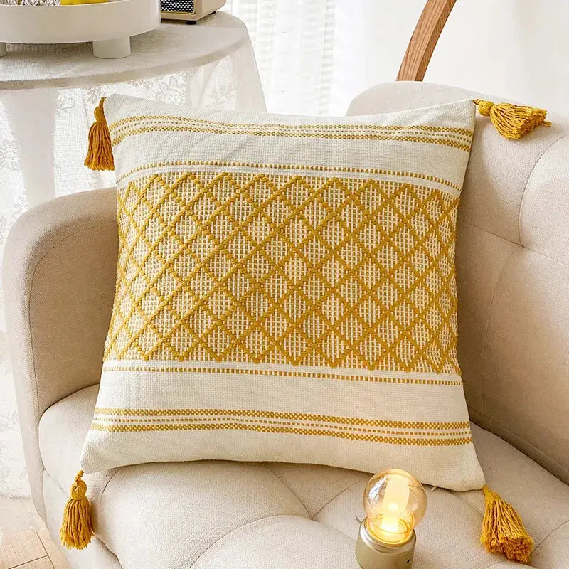 Geometric jacquard tassel cushion cover living room blue diamond decor