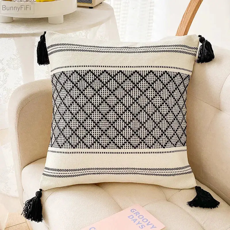 Geometric jacquard tassel cushion cover living room blue diamond decor