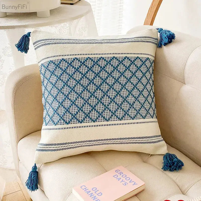 Geometric jacquard tassel cushion cover living room blue diamond decor