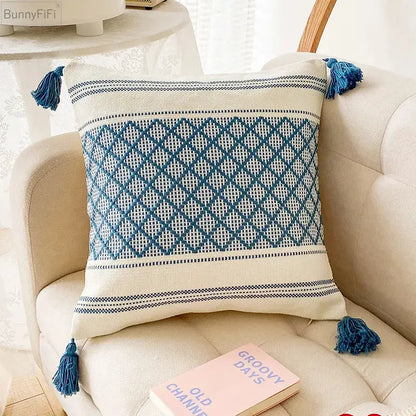 Geometric jacquard tassel cushion cover living room blue diamond decor