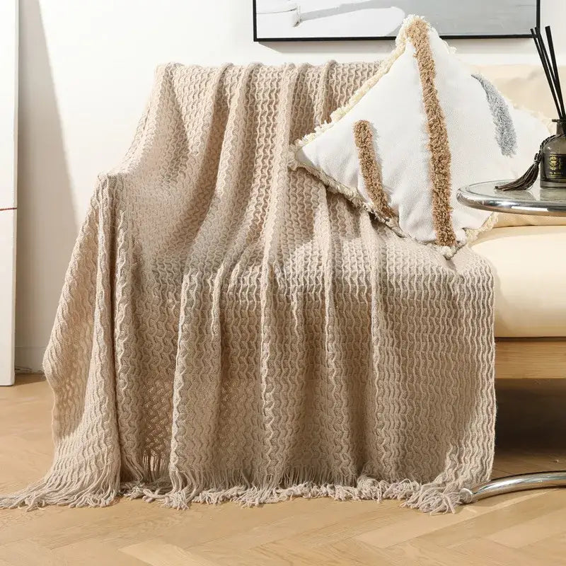 Geometric knit sofa blanket living room textured tassel throw