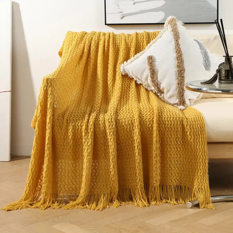 Geometric knit sofa blanket living room textured tassel throw
