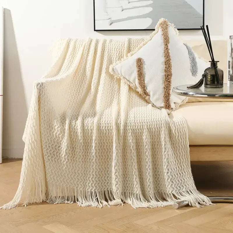 Geometric knit sofa blanket living room textured tassel throw
